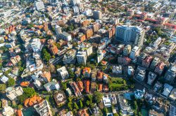 A birds eye view of different buildings.